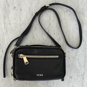 Tumi Black Leather Crossbody with Gold Hardware